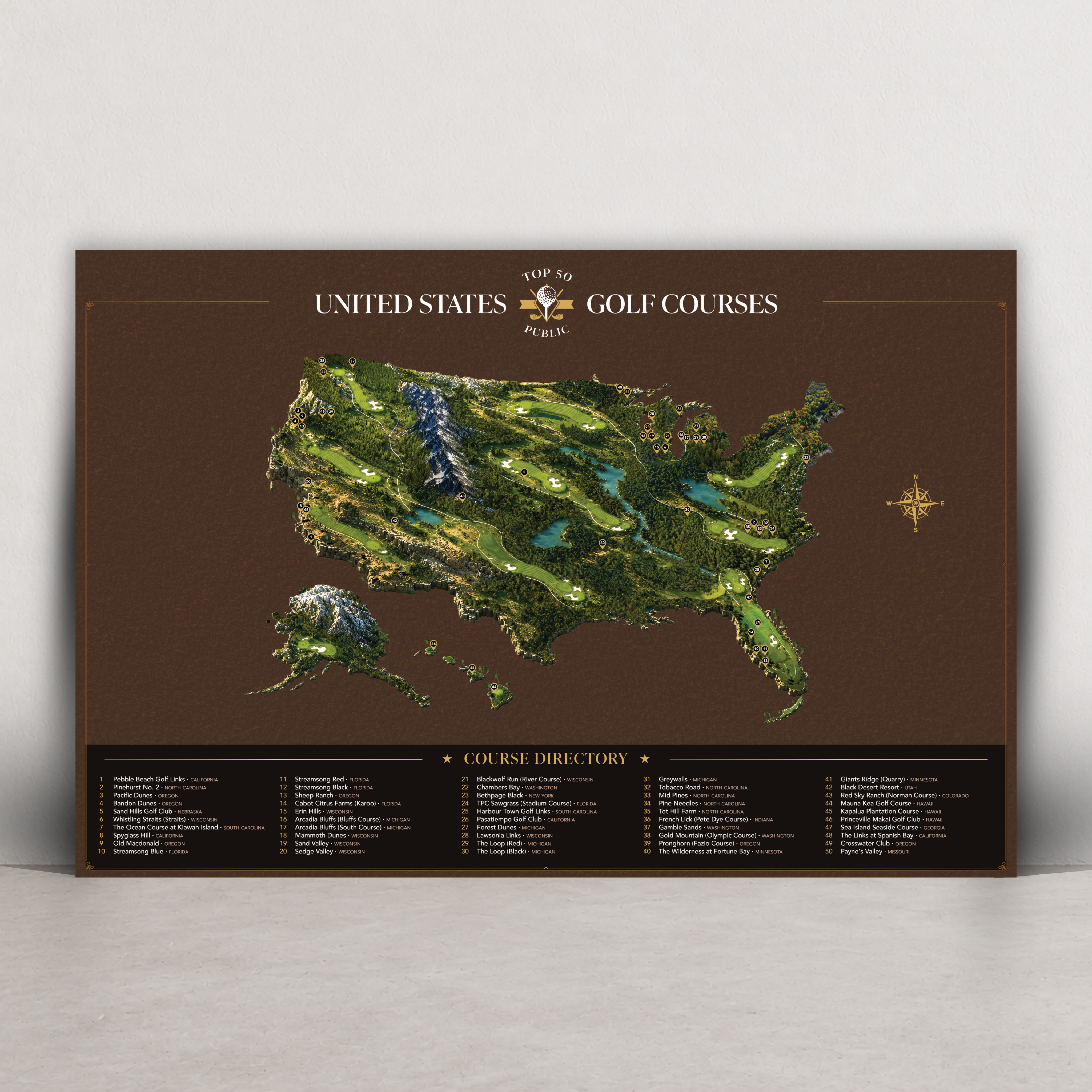 The Top 50 Public Golf Courses premium sandstone colorway metal wall print featuring a detailed illustrated United States golf course map #Colorway_Sandstone