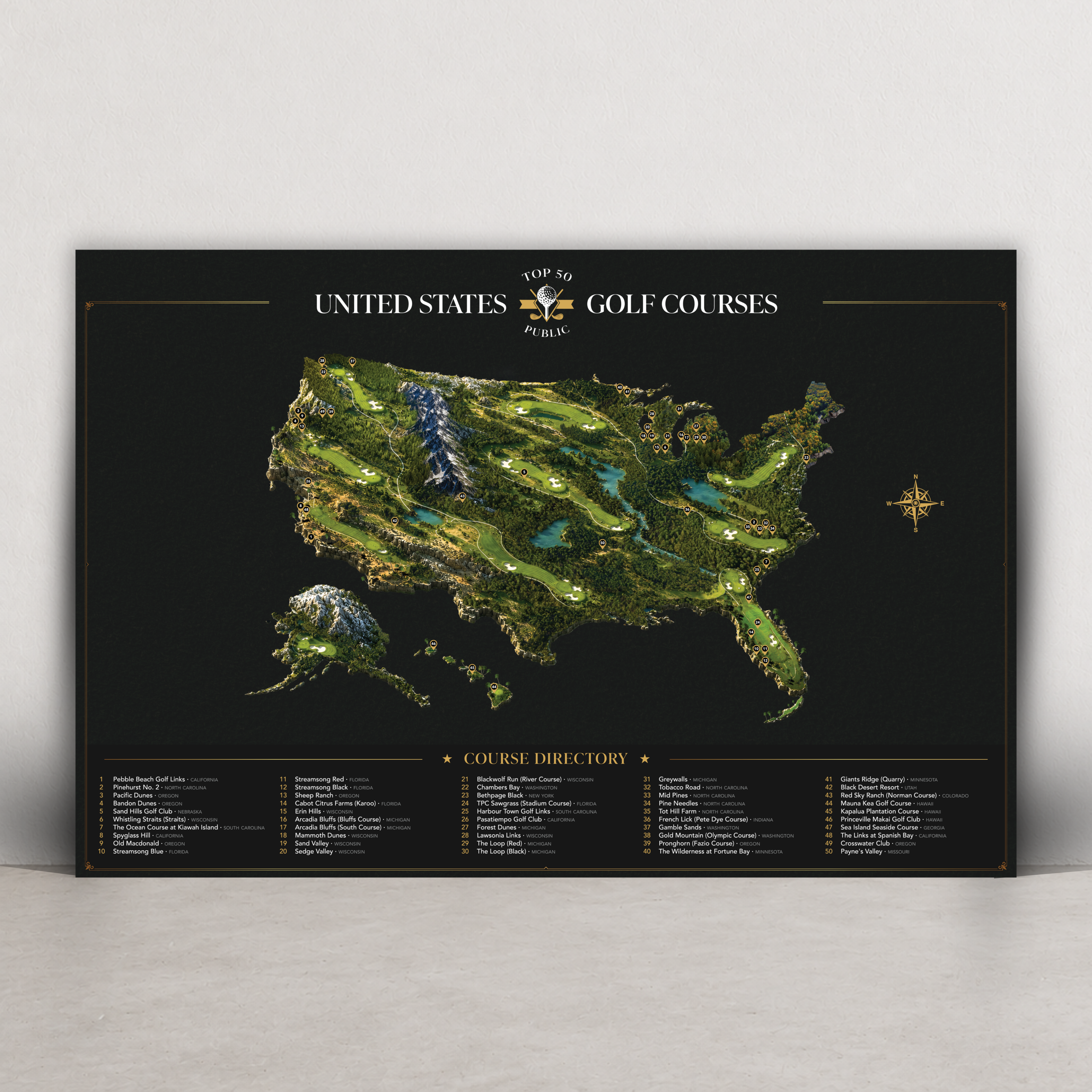 The Top 50 Public Golf Courses premium charcoal colorway metal wall print featuring a detailed illustrated United States golf course map #Colorway_Charcoal