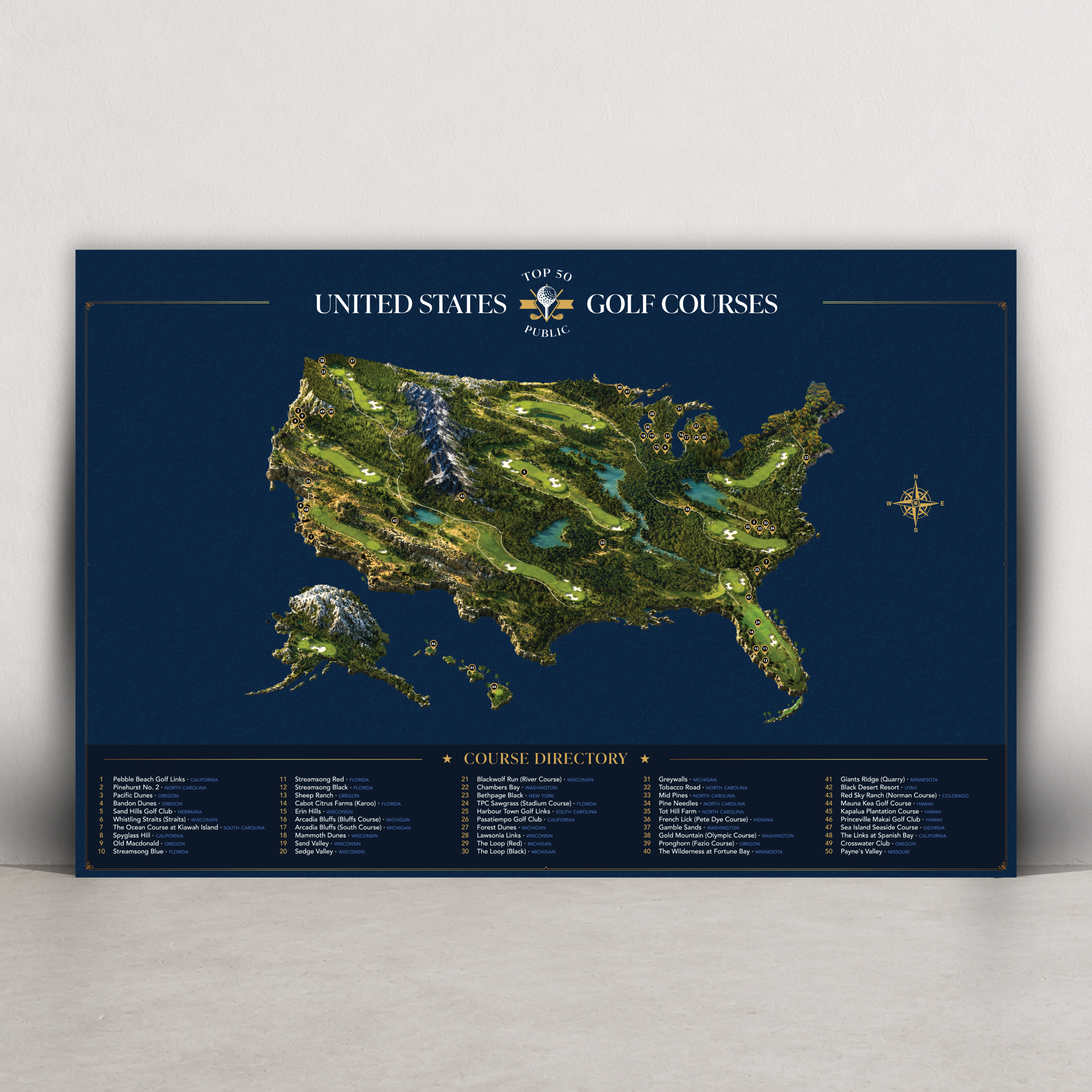 The Top 50 Public Golf Courses premium deep navy colorway metal wall print featuring a detailed illustrated United States golf course map #Colorway_Deep_Navy