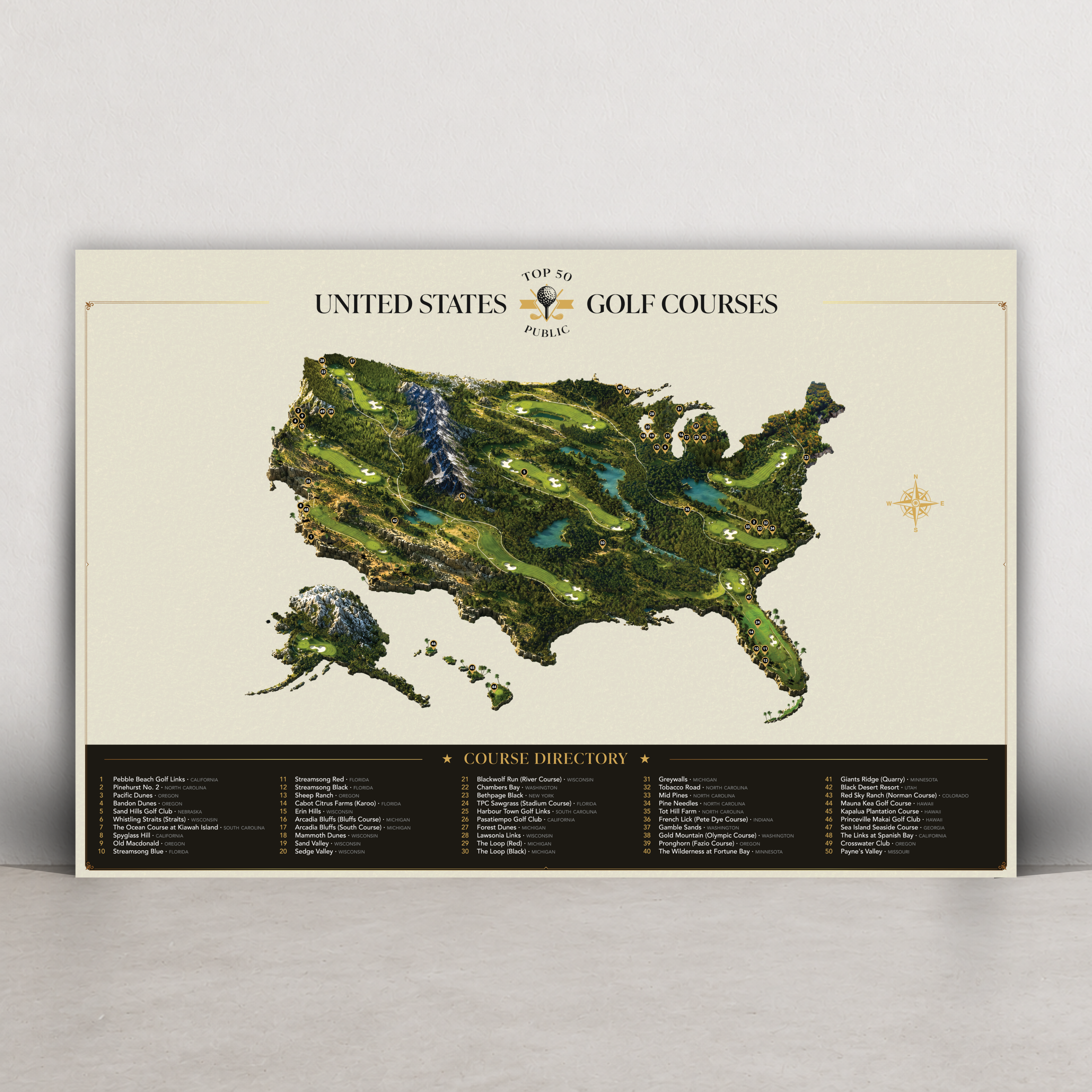 The Top 50 Public Golf Courses premium ivory colorway metal wall print featuring a detailed illustrated United States golf course map #Colorway_Ivory
