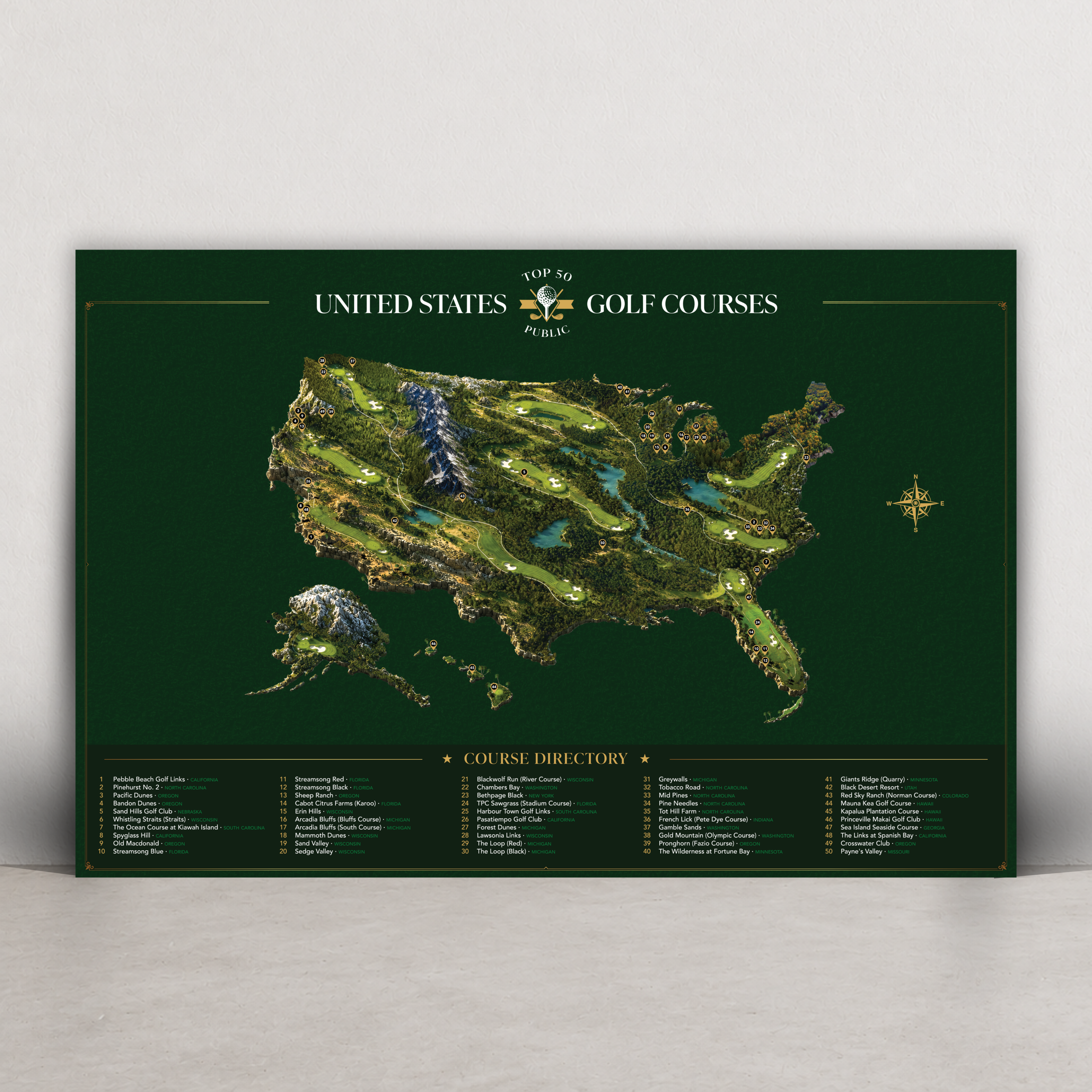 The Top 50 Public Golf Courses premium masters green colorway metal wall print featuring a detailed illustrated United States golf course map #Colorway_Masters_Green
